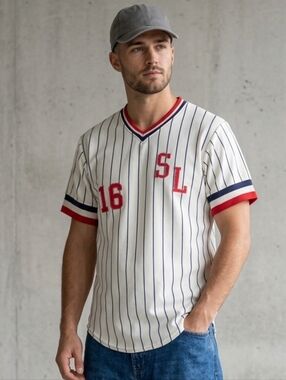 Vtg 70s 80s Wilson Baseball Uniform Jersey Pinstripe White Blue Red 16 USA SMALL